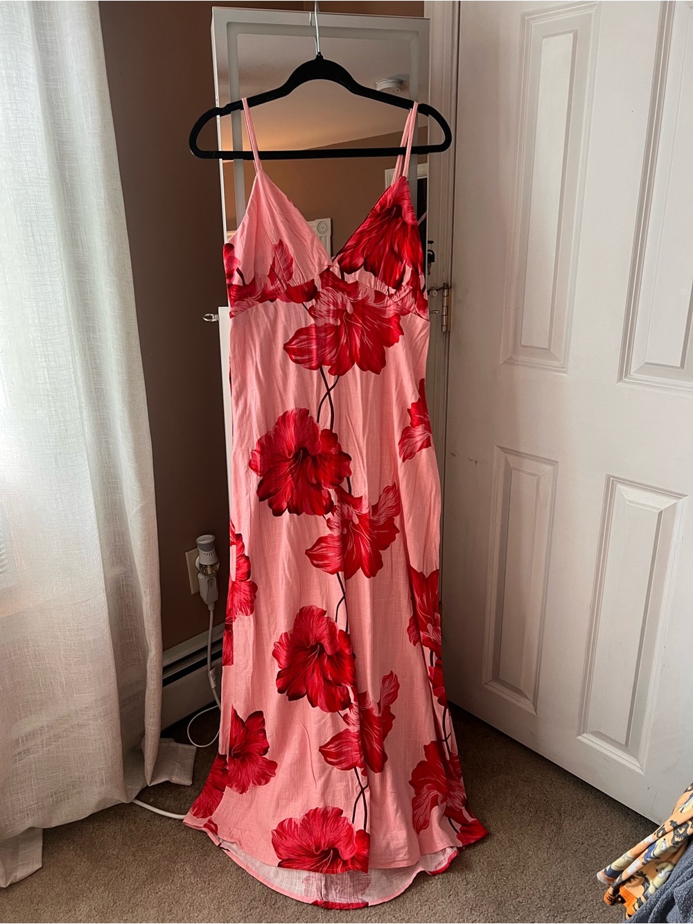 Pink Slip Dress with Red Floral Print